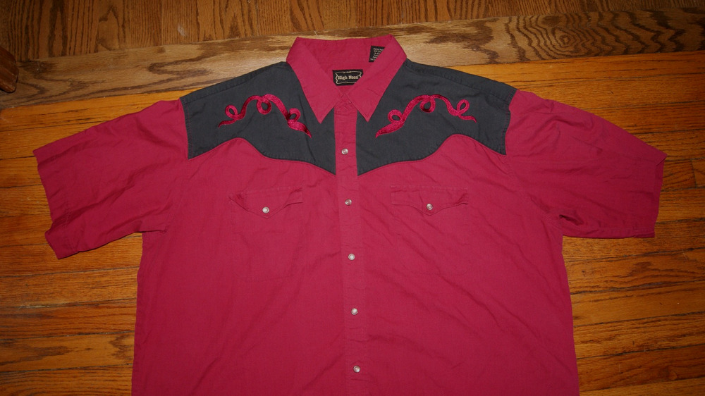 High Noon Western SS Shirt 2XL Maroon Black Snap Cowboy Rockabilly Rodeo